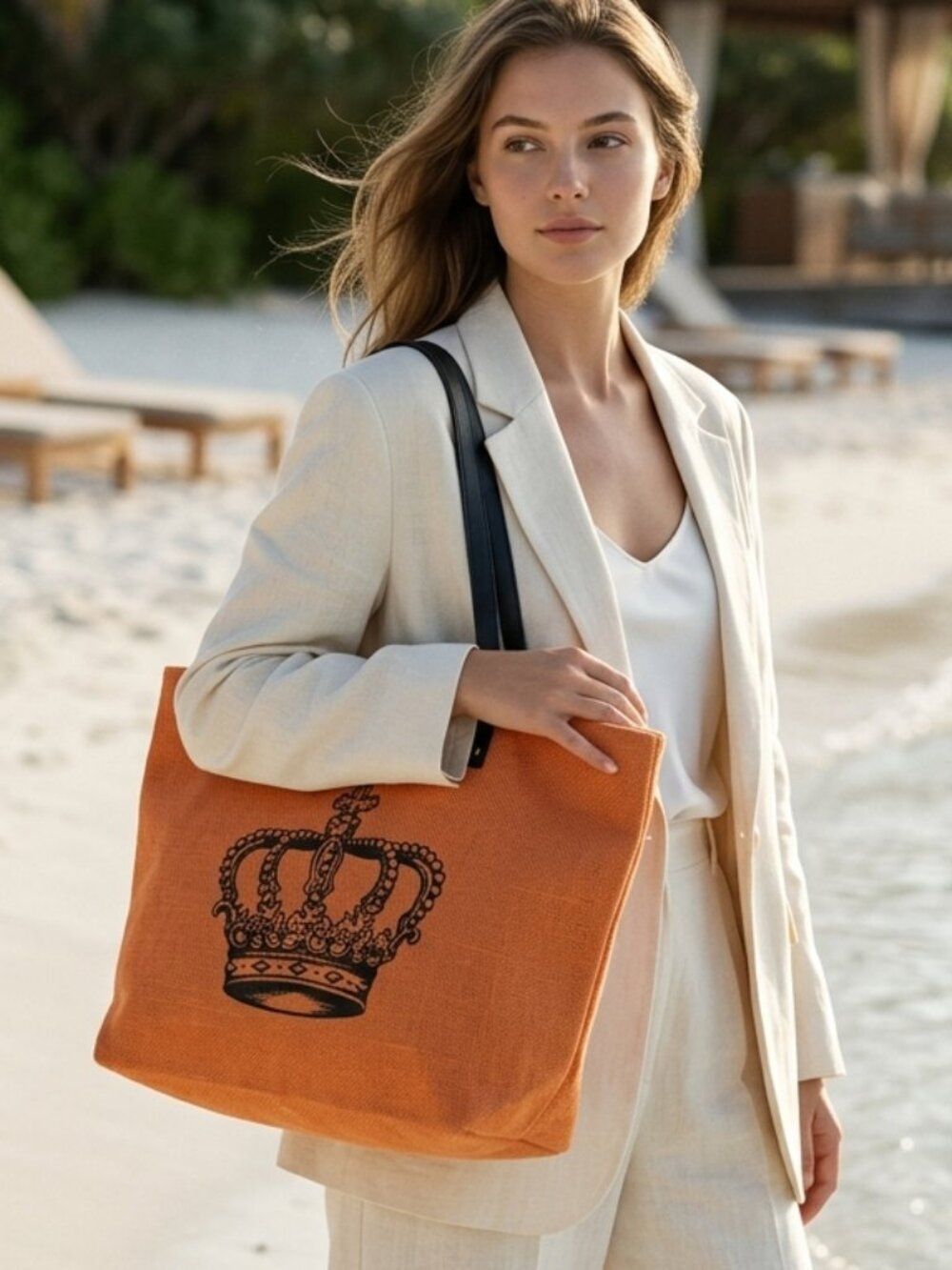 Mud Pie Orange Canvas Tote Bag Crown Graphic Queen Beach Shopper